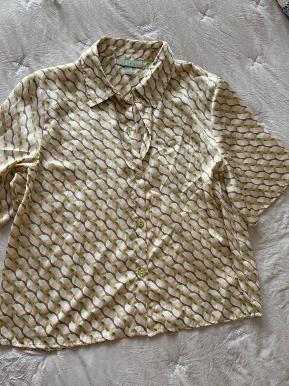 RYGRASS Geometric Print Blouse in Pink & Olive